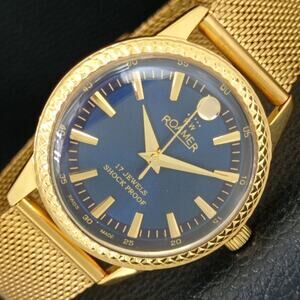 Vintage 1986 Roamer Manual Mens Gold Watch W/Metal Strap & Blue accents